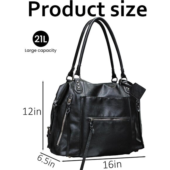 Elegant Vegan Leather Large Tote Bag with Zipper & Adjustable Strap - 16''x6.5'' - Picture 3 of 6